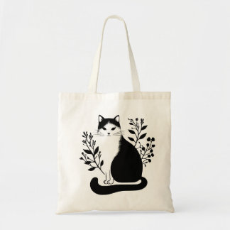Black and White Floral Cat Tote Bag