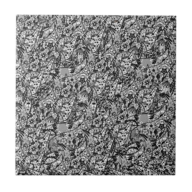 Black and White Floral Ceramic Tile (Front)