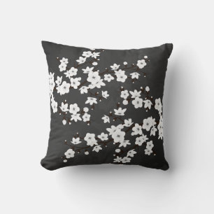 Black And White Floral Cherry Blossoms  Throw Pillow