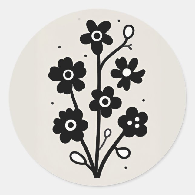 Black and White Floral Classic Round Sticker (Front)