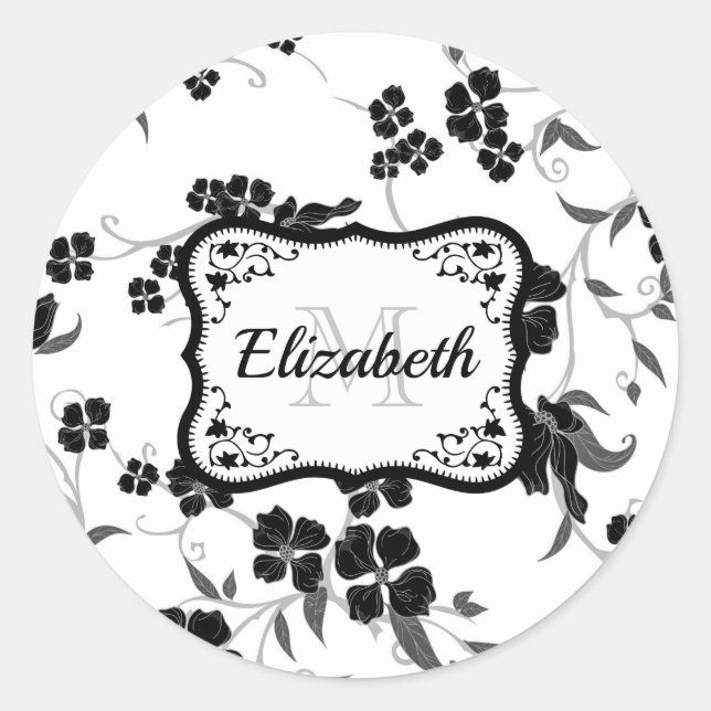 Black and White Floral Classic Round Sticker (Front)