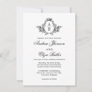 Black and White Floral Crest Monogram Wedding Invitation