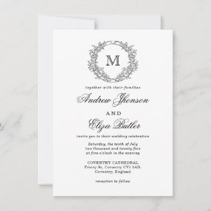 Black and White Floral Crest Monogram Wedding Invitation
