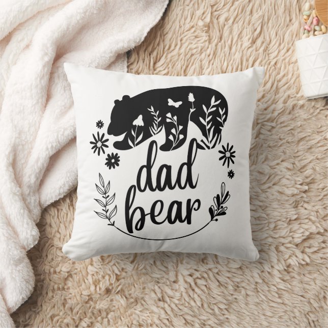 Black And White Floral Dad Bear Throw Pillow (Blanket)