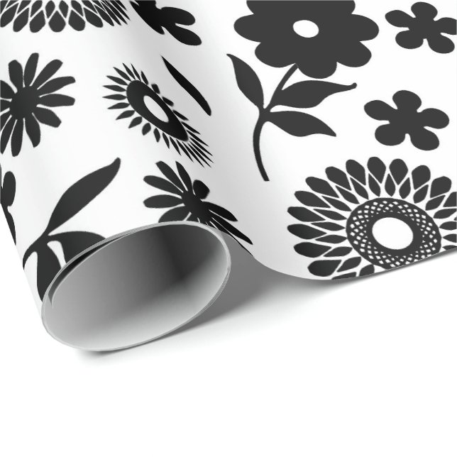 Black And White Floral Daisies Seamless Pattern Wrapping Paper (Roll Corner)