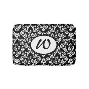 Black and White Floral Damask Monogrammed Bath Mat