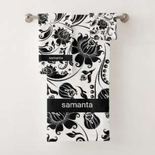 Black And White Floral Damask Pattern Bath Towel Set