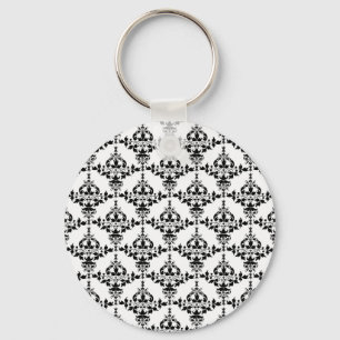 Black and White Floral Damask Pattern Keychain