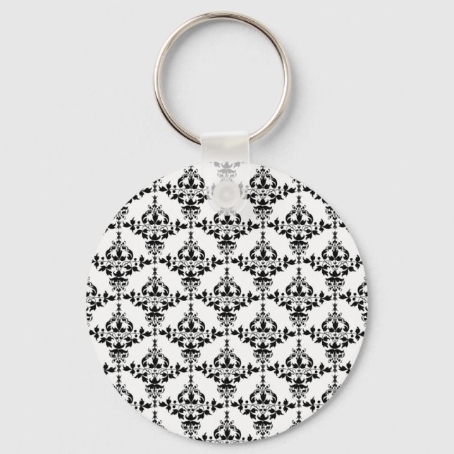 Black and White Floral Damask Pattern Keychain (Front)