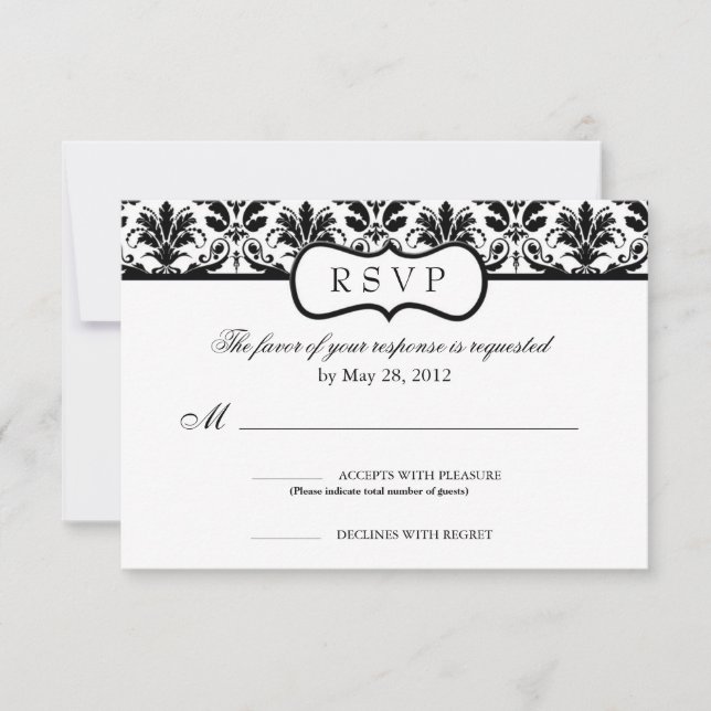 Black and White Floral Damask Response Card (Front)