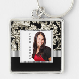 Black and white floral damask template keychain