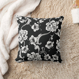 Black and White Floral Damask Throw Pillow