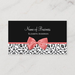 Black and White Floral  Damask With Pink Bow Business Card