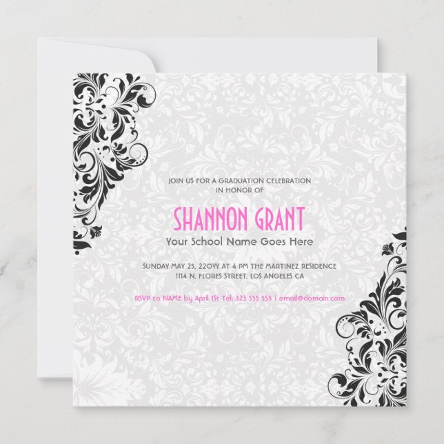 Black And White Floral Damasks-Elegant Grad Invite (Front)