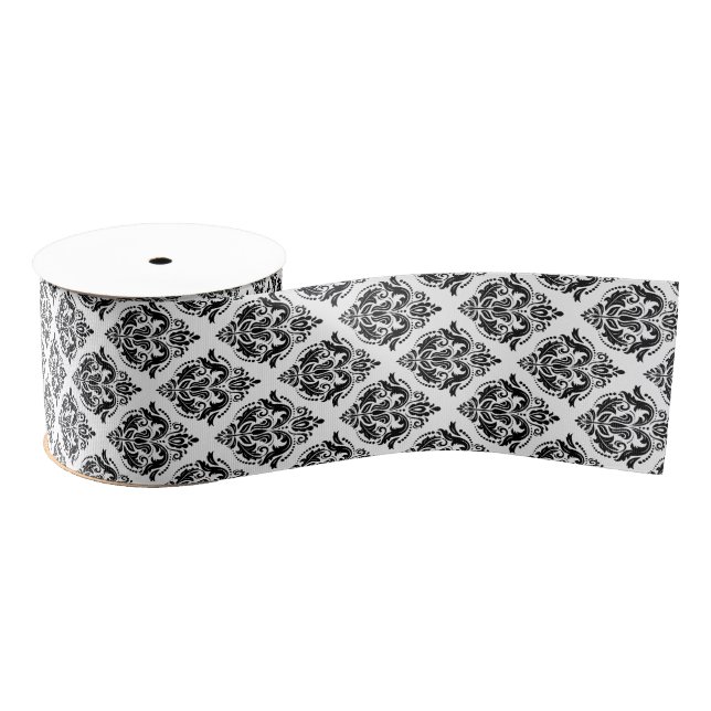 Black And White Floral Damasks Geometric Pattern Grosgrain Ribbon (Spool)