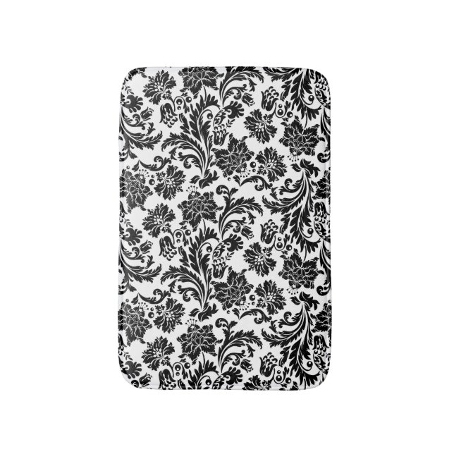Black And White Floral Damasks Pattern Bath Mat (Front Vertical)