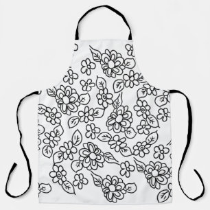 Black and white floral drawing apron