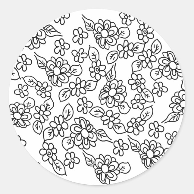Black and white floral drawing classic round sticker (Front)