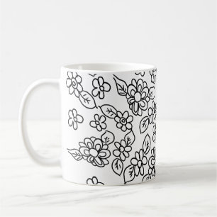 Black and white floral drawing coffee mug