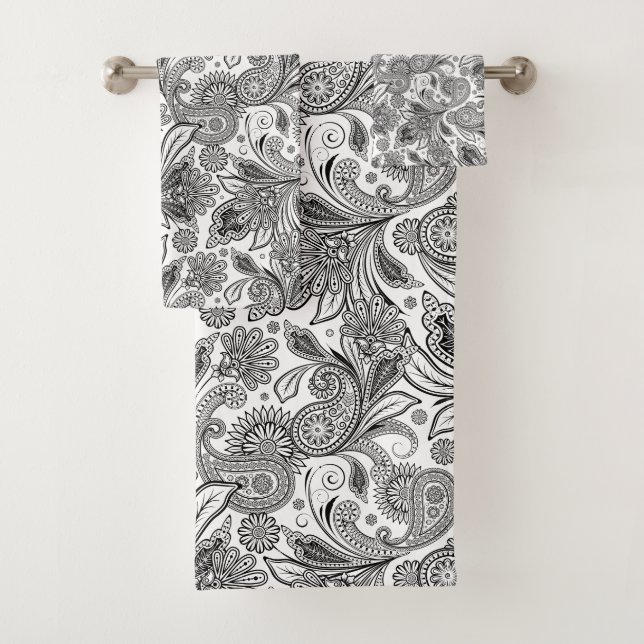 Black and white floral ethnic paisley pattern bath towel set (Insitu)