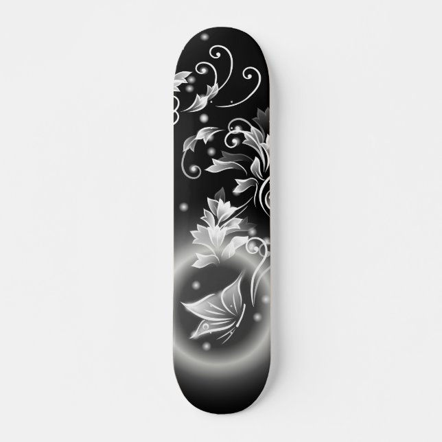 Black And White Floral Fantasy Butterfly  Skateboard (Front)