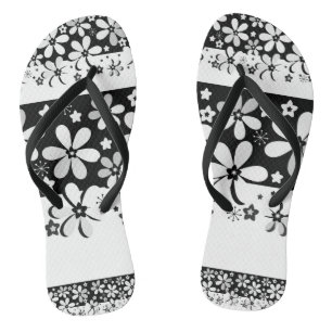 Black and white floral flip flops