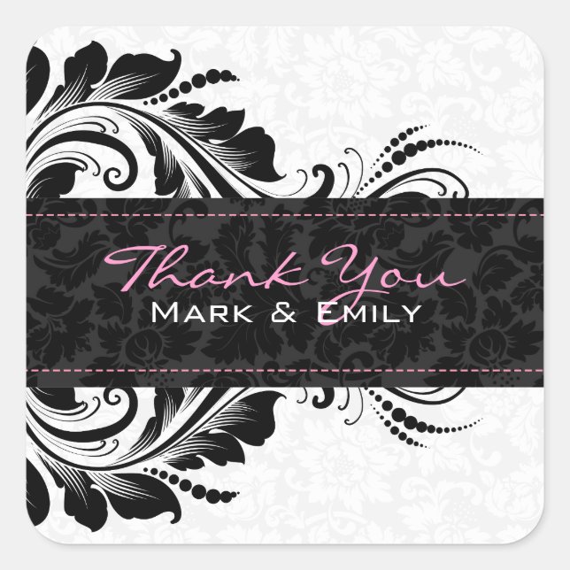 Black And White Floral Floral Ornament Square Sticker (Front)