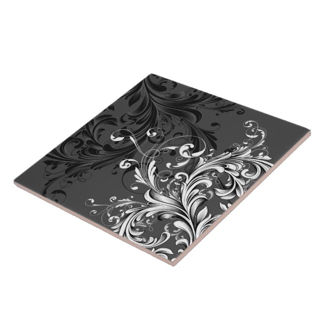 Black and White Floral Flourish Tile (Side)