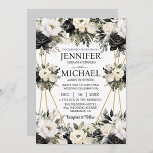 Black and White Floral Flowers Wedding Invitations