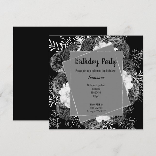 BLACK AND WHITE FLORAL FRAME BIRTHDAY SQUARE INVITATION (Front/Back)