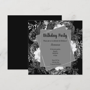 BLACK AND WHITE FLORAL FRAME BIRTHDAY SQUARE INVITATION