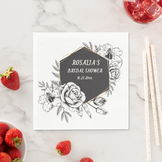 Black And White Floral Frame Bridal Shower Napkin (Insitu)