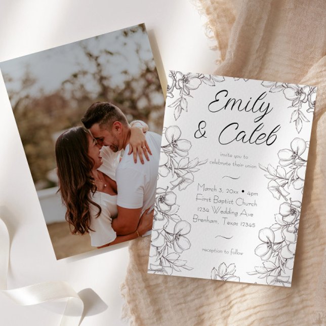 Black and White Floral Frame Photo Wedding Invitation (Black and white floral frame drawn line art with photo back script cursive writing wedding invite)