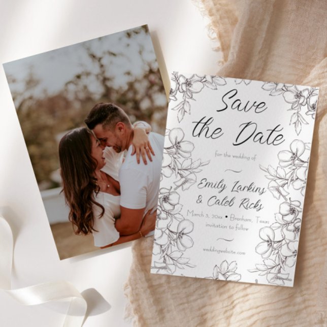 Black and White Floral Frame Photo Wedding Save The Date (romantic photo wedding save the date floral frame drawn line art design script cursive font)