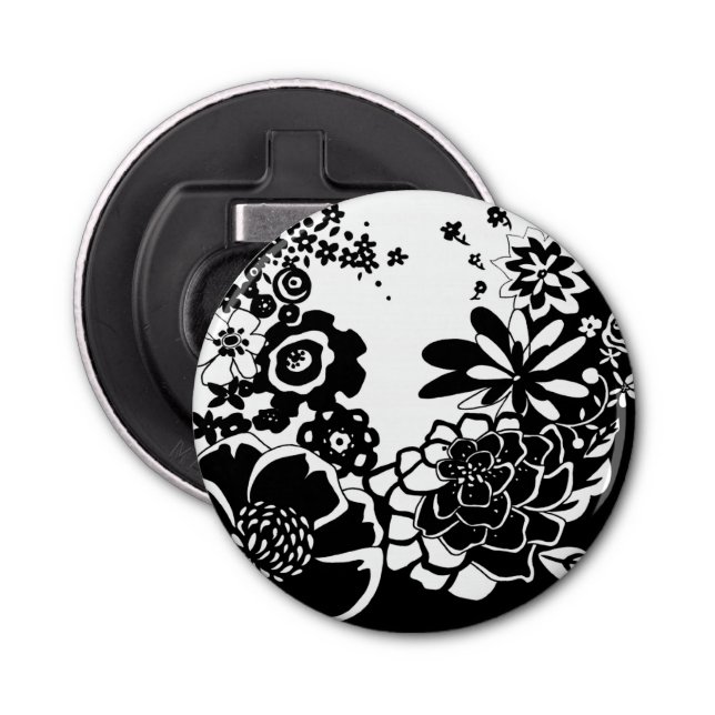 Black and White Floral Garden Graphic Pattern Bottle Opener (Front)