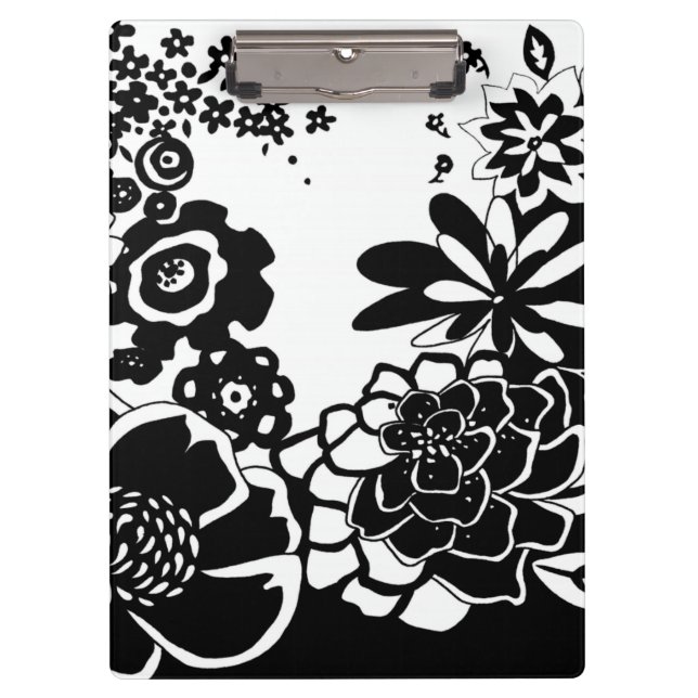Black and White Floral Garden Graphic Pattern Clipboard (Front)
