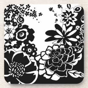 Black and White Floral Garden Graphic Pattern Coaster