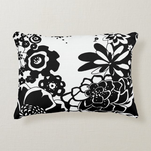Black and White Floral Garden Graphic Pattern Decorative Pillow (Front)