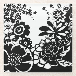 Black and White Floral Garden Graphic Pattern Glass Coaster