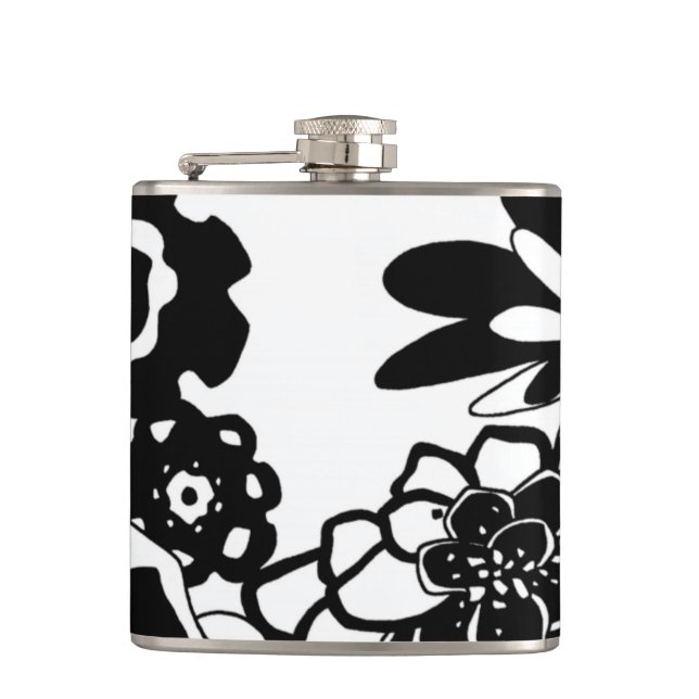 Black and White Floral Garden Graphic Pattern Hip Flask (Front)
