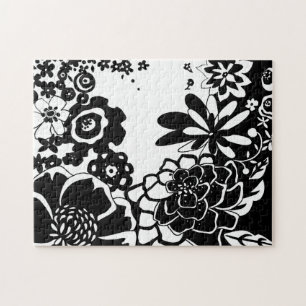 Black and White Floral Garden Graphic Pattern Jigsaw Puzzle