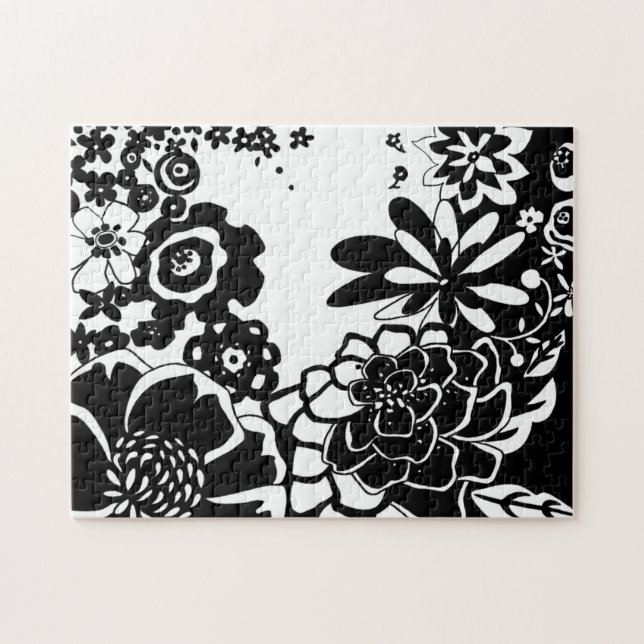 Black and White Floral Garden Graphic Pattern Jigsaw Puzzle (Horizontal)
