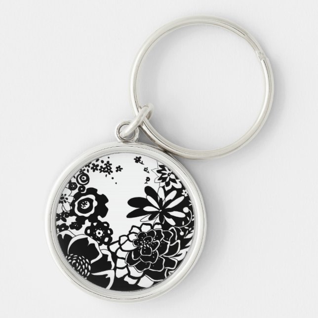 Black and White Floral Garden Graphic Pattern Keychain (Front)