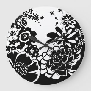Black and White Floral Garden Graphic Pattern Large Clock