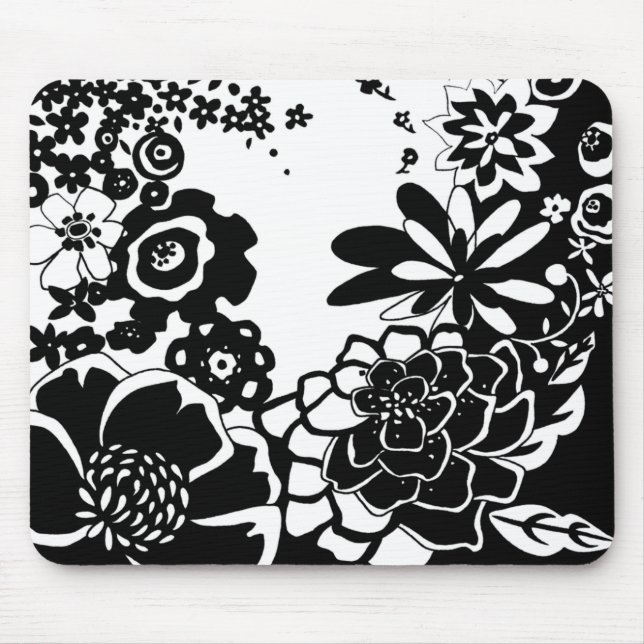 Black and White Floral Garden Graphic Pattern Mouse Pad (Front)
