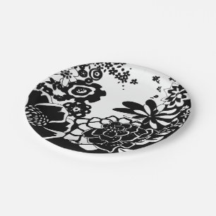 Black and White Floral Garden Graphic Pattern Paper Plate