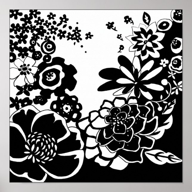 Black and White Floral Garden Graphic Pattern Poster (Front)