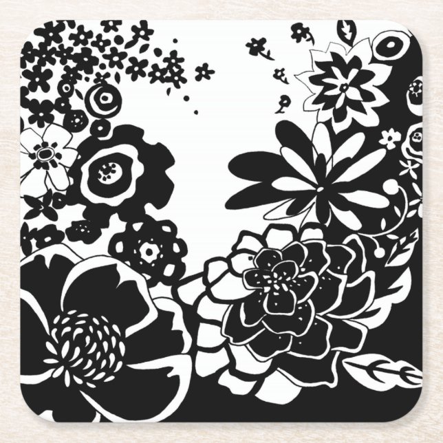 Black and White Floral Garden Graphic Pattern Square Paper Coaster (Front)