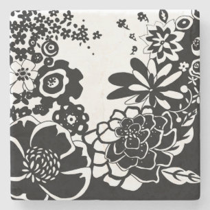 Black and White Floral Garden Graphic Pattern Stone Coaster