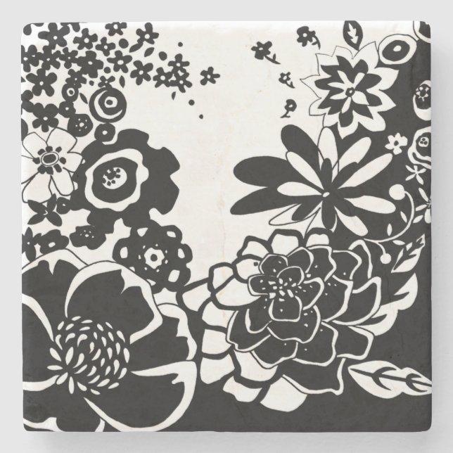 Black and White Floral Garden Graphic Pattern Stone Coaster (Front)